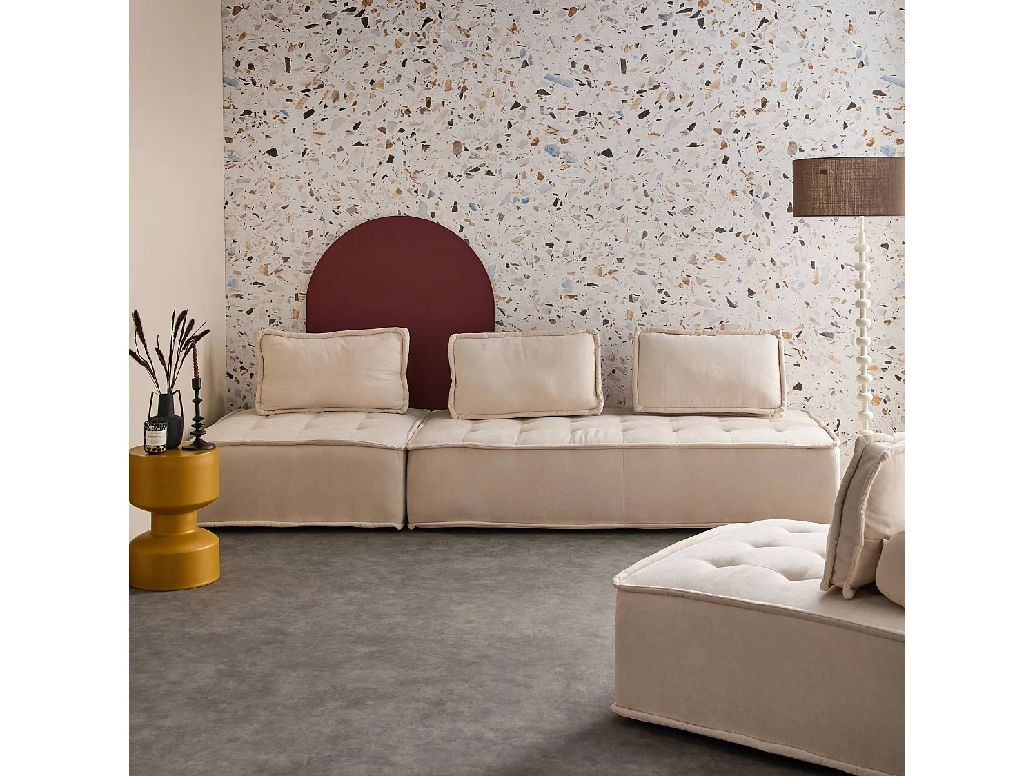 Sofá modular en tela lisa, 4 plazas crema
