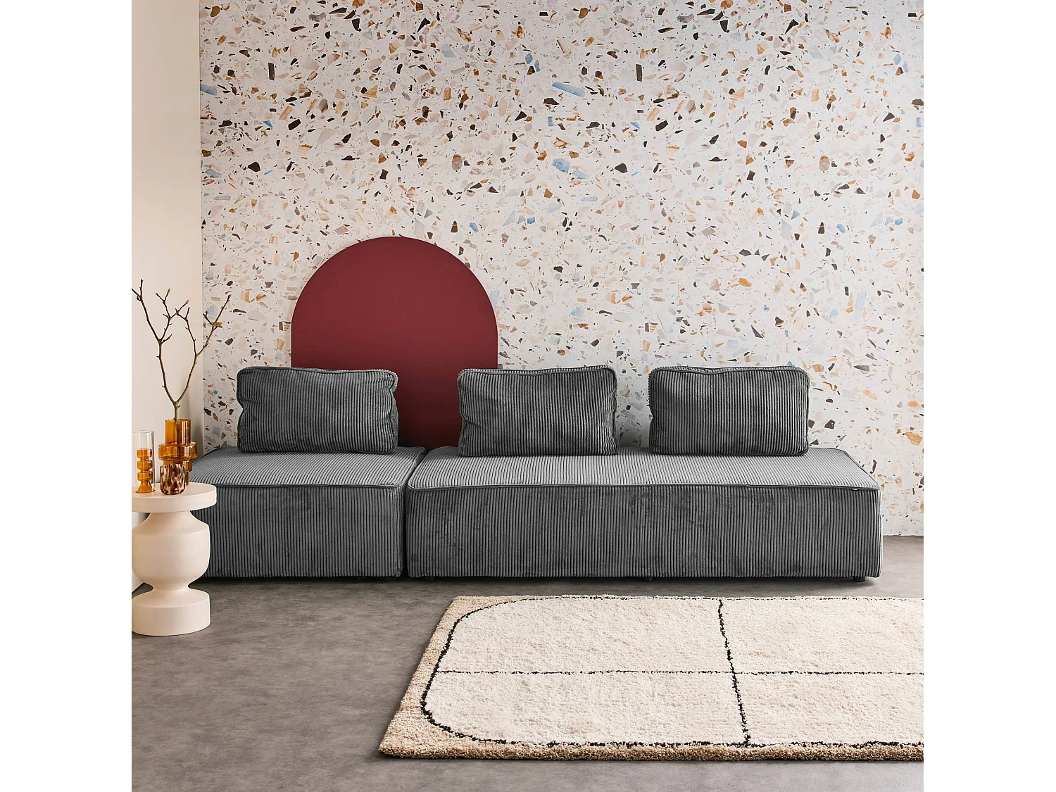 Set poltrone per divano modulare 3 posti velluto a coste, grigio scuro