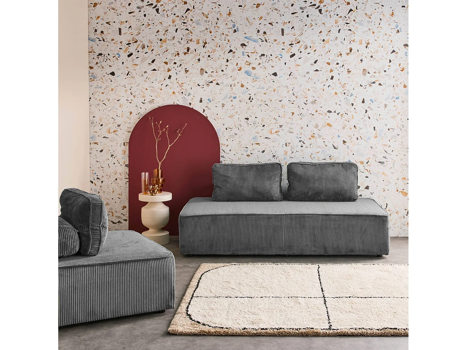 Set poltrone per divano modulare 3 posti velluto a coste, grigio scuro