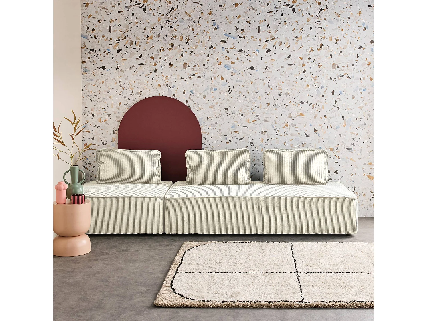 Ensemble chauffeuses LAO pour canapé modulable en velours côtelé 3 places crème