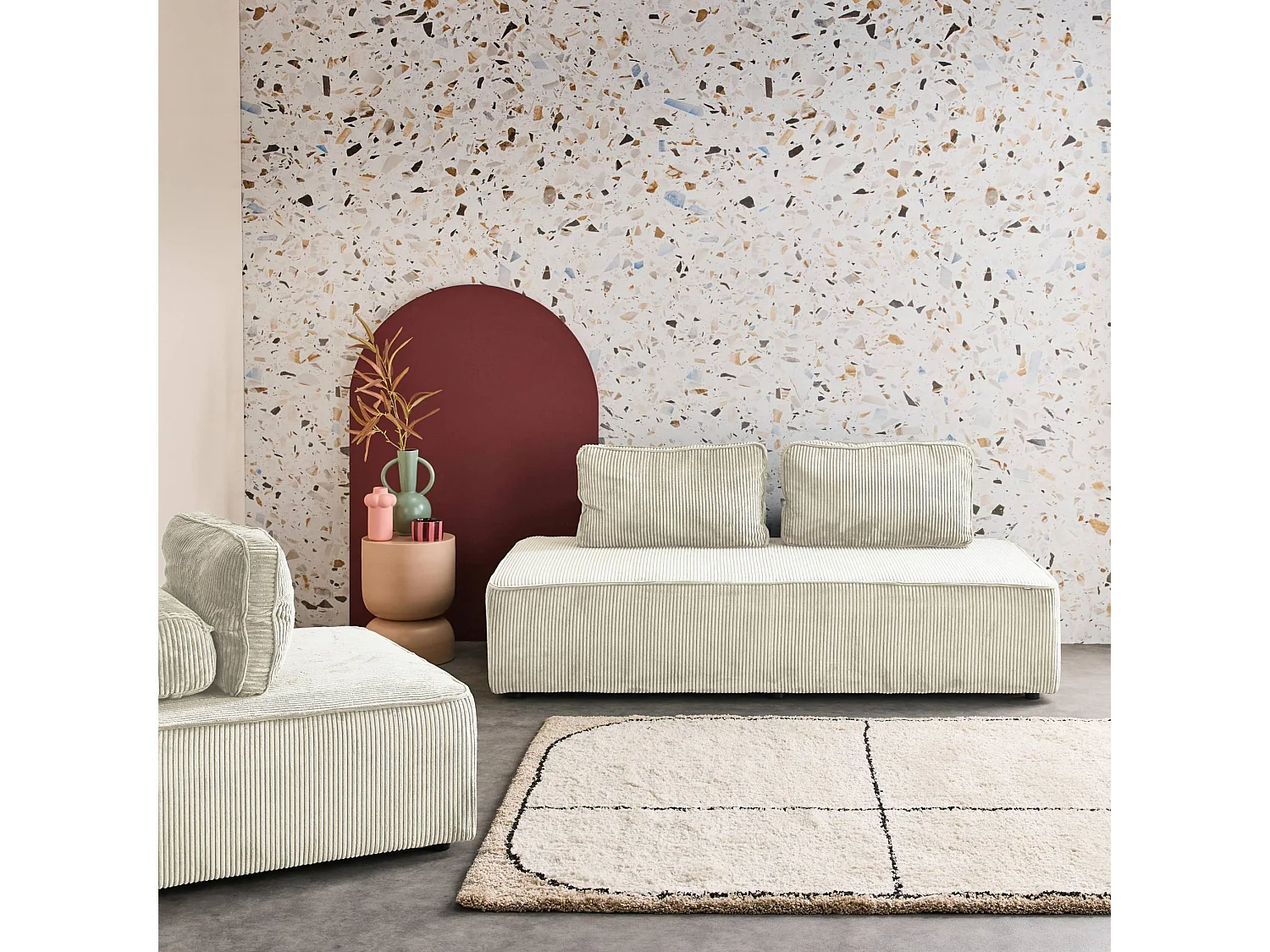 Set poltrone per divano modulare 3 posti velluto a coste, crema