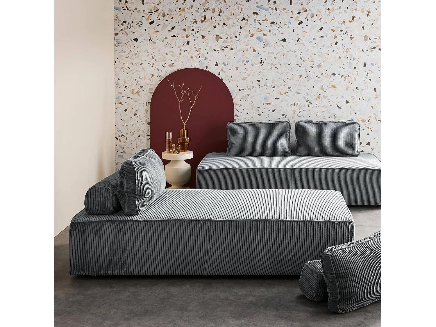 Lot de 2 chauffeuses LAO 2 places pour canapé modulable velours côtelé gris foncé. L 180 x P 90 x H 78cm