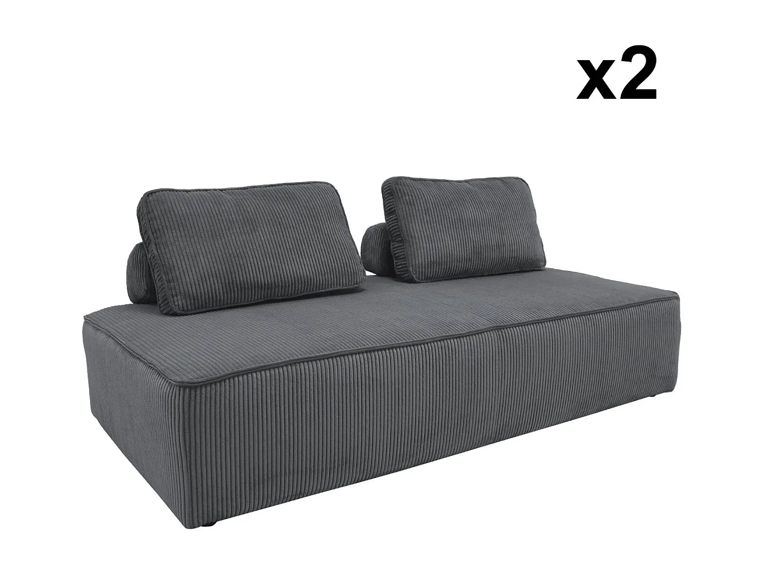 Lot de 2 chauffeuses LAO 2 places pour canapé modulable velours côtelé gris foncé. L 180 x P 90 x H 78cm