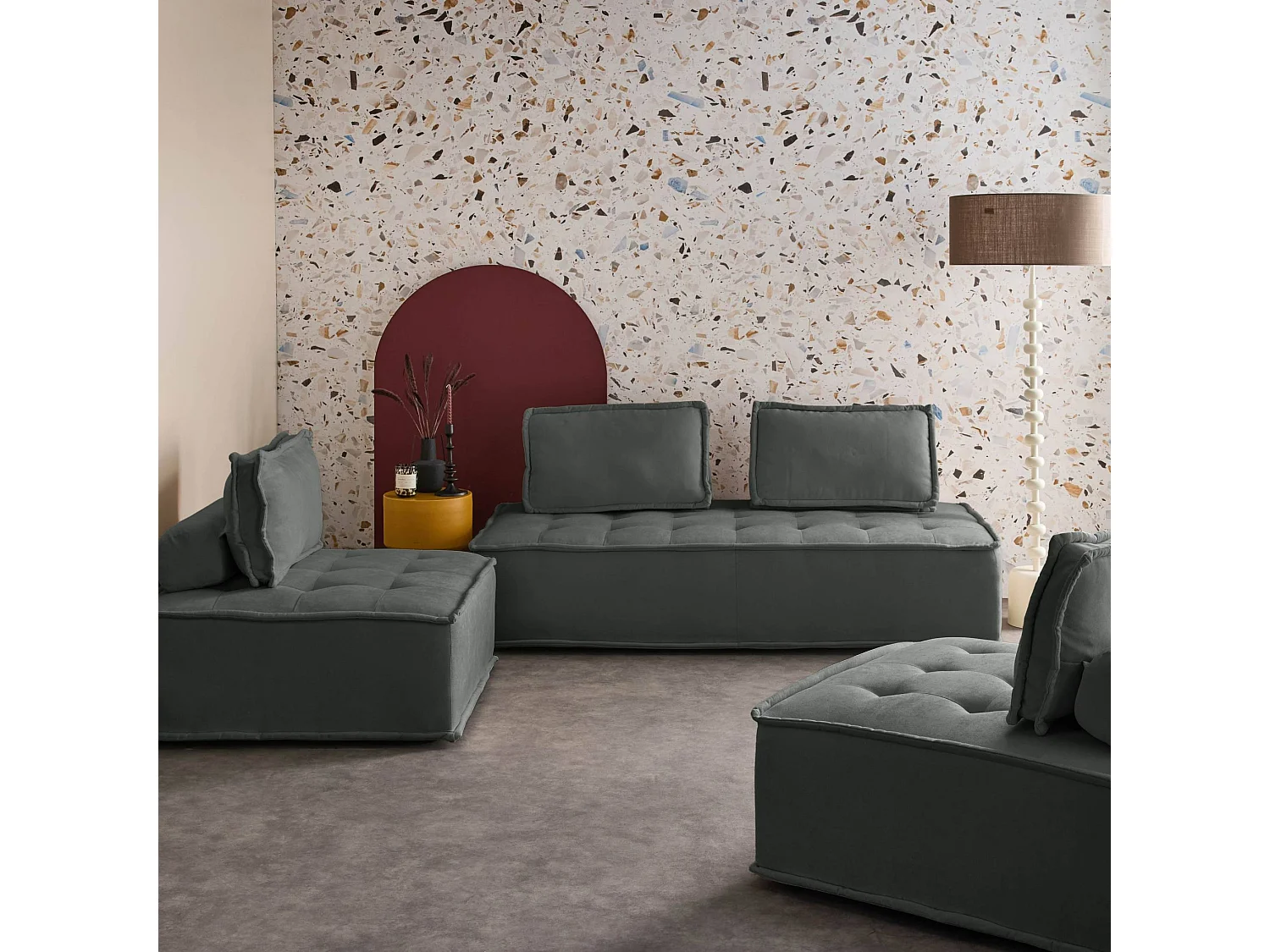 Ensemble chauffeuses DAO pour canapé modulable en tissu capitonné 4 places gris foncé