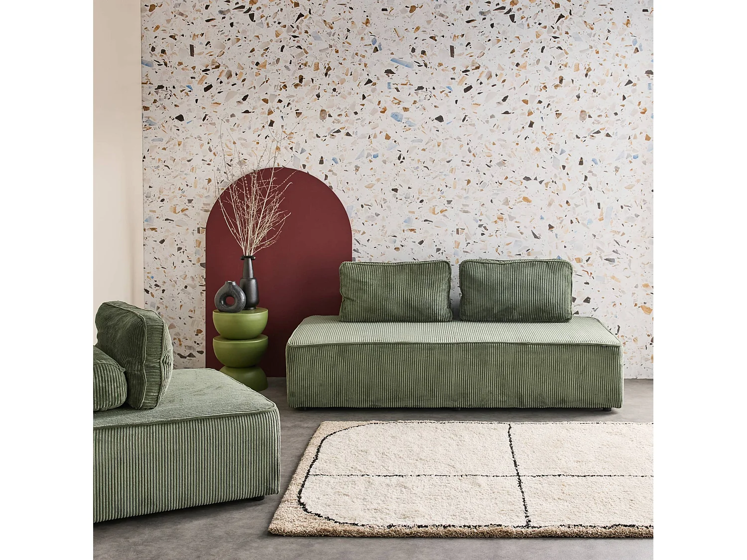 Sofá modular de pana, 3 plazas verde