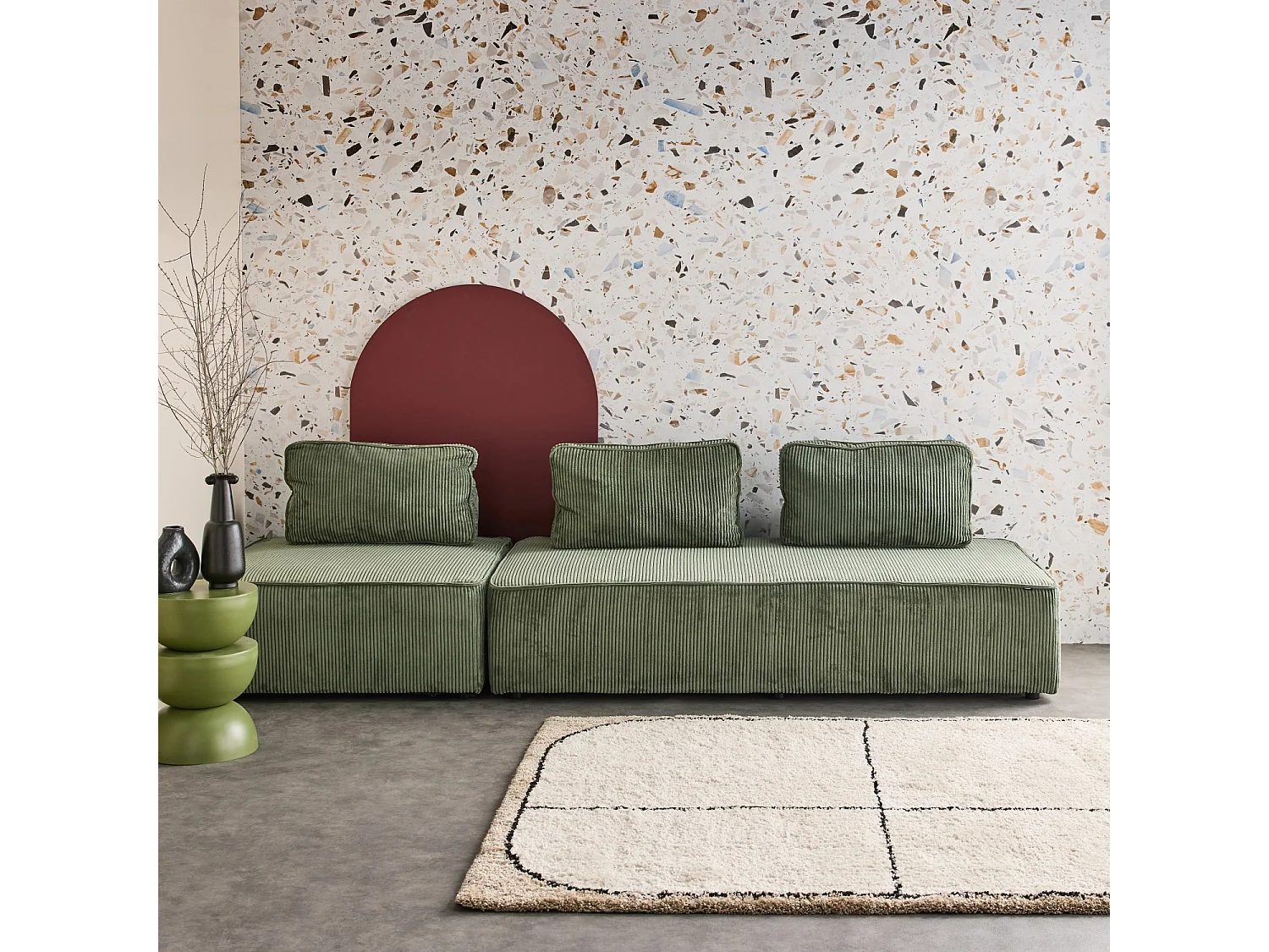 Sofá modular de pana, 3 plazas verde