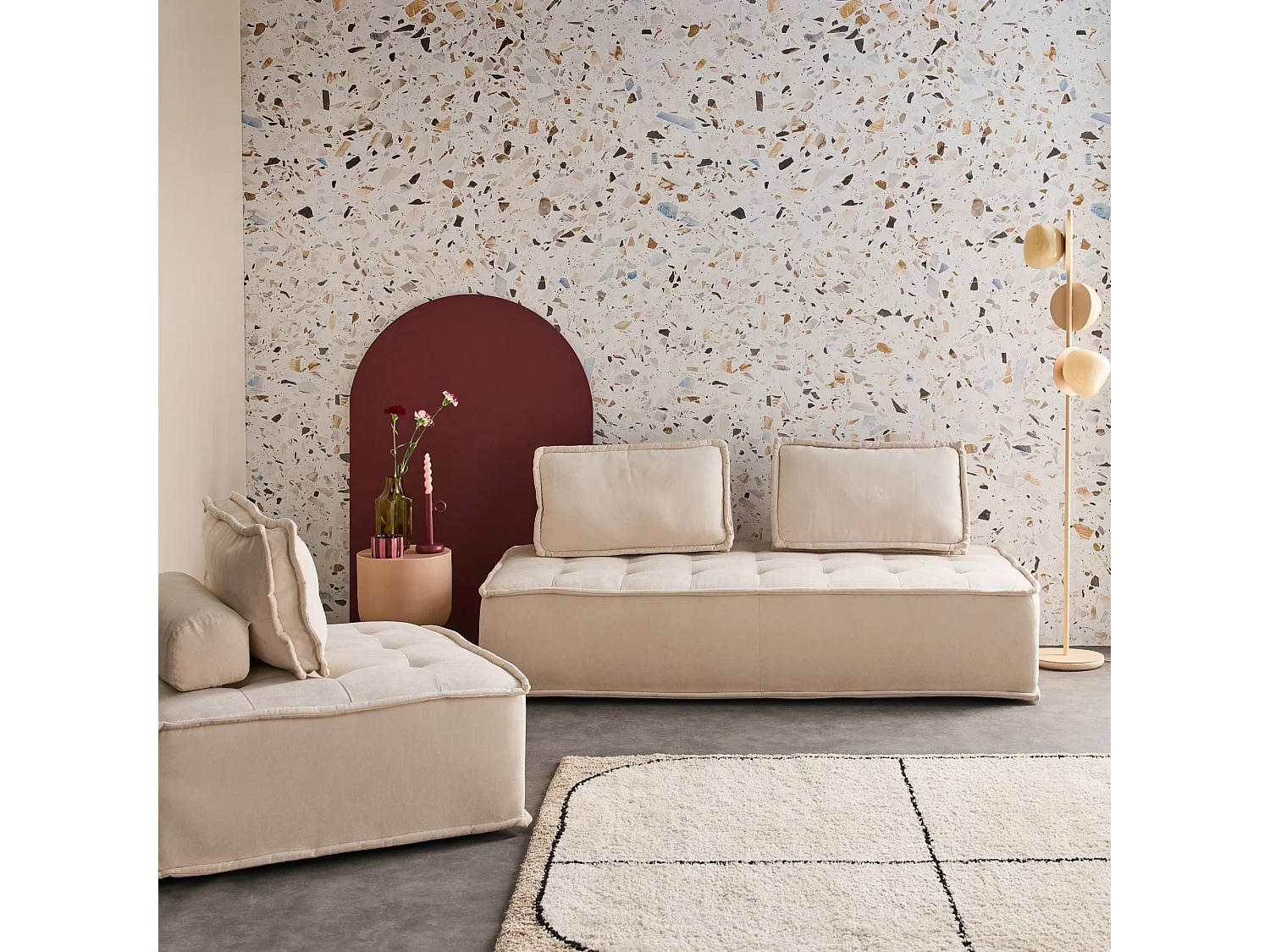 Ensemble chauffeuses DAO pour canapé modulable en tissu capitonné 3 places crème