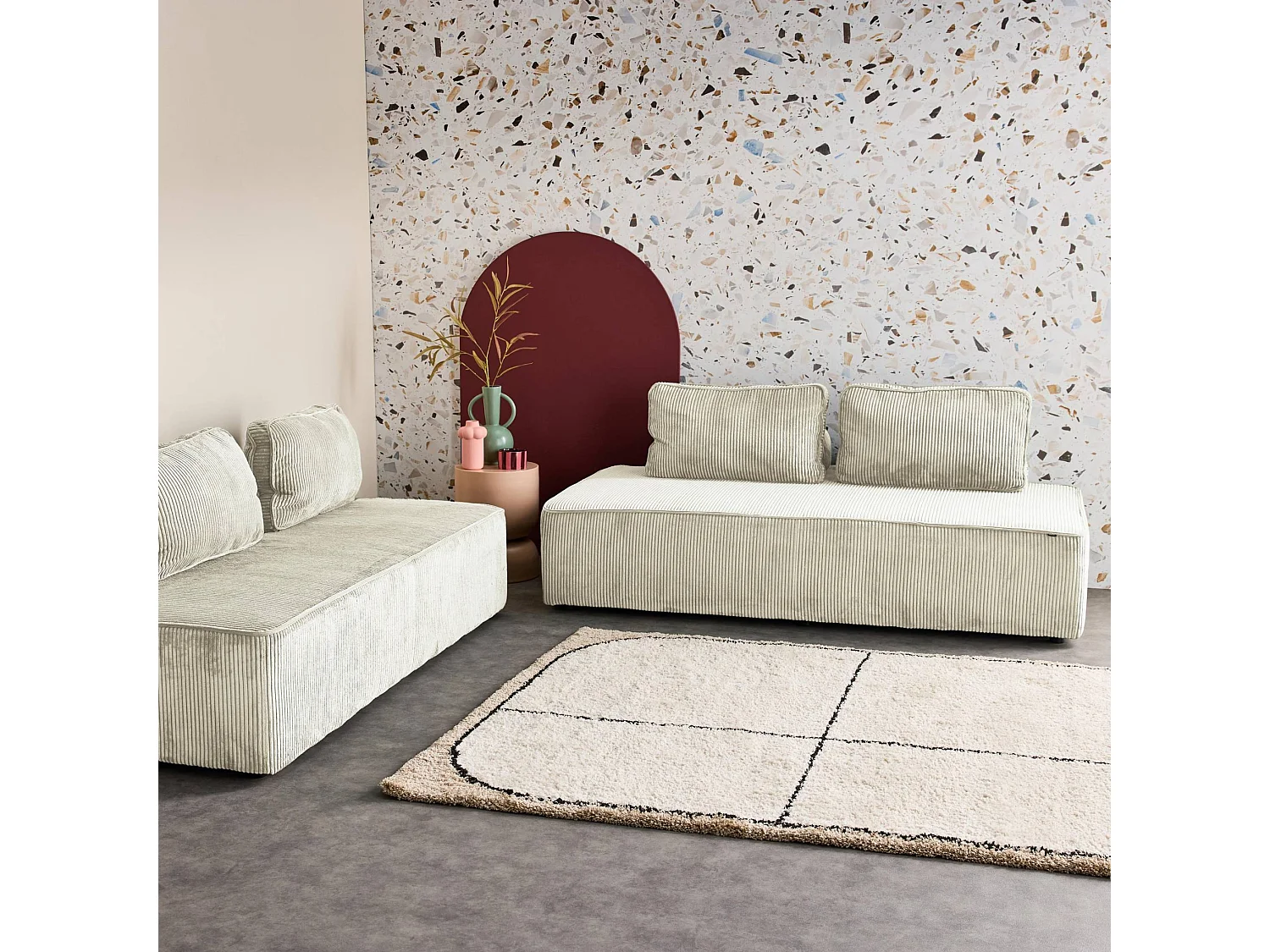 Sofá modular de pana, 4 plazas crema