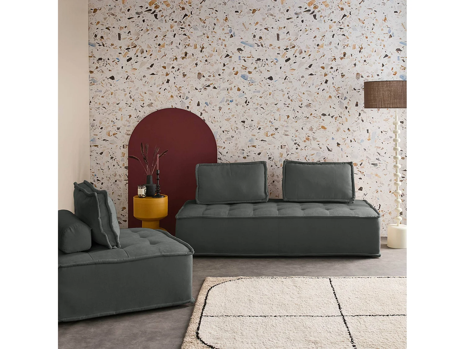 Sofá modular en tela lisa, 3 plazas gris oscuro