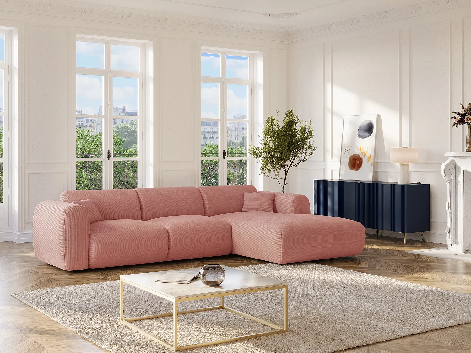 Stor högervänd hörnsoffa i rosa manchestertyg med fina ränder POGNI från Maison Céphy