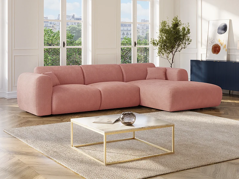 Stor högervänd hörnsoffa i rosa manchestertyg med fina ränder POGNI från Maison Céphy