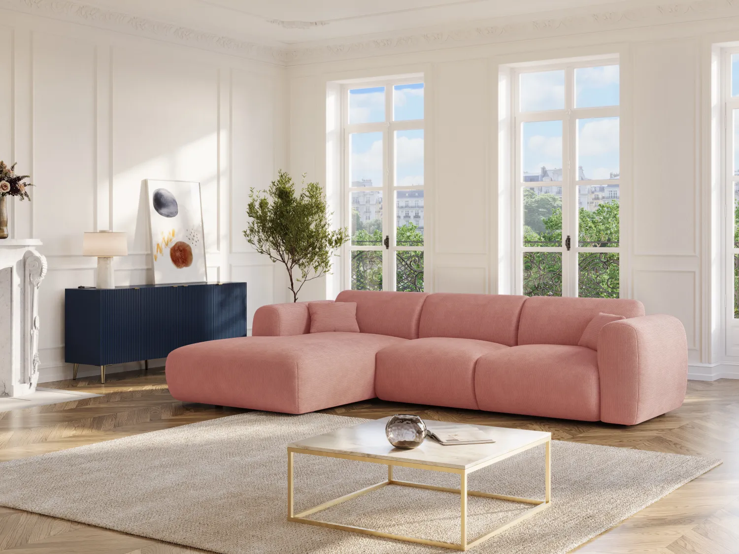 Grote zitbank met hoek links in roze textuurstof POGNI van Maison Céphy