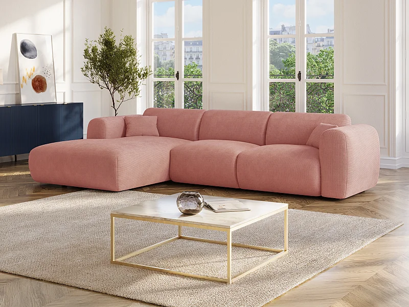Stor vänstervänd soffa i rosa finkordad sammet POGNI från Maison Céphy