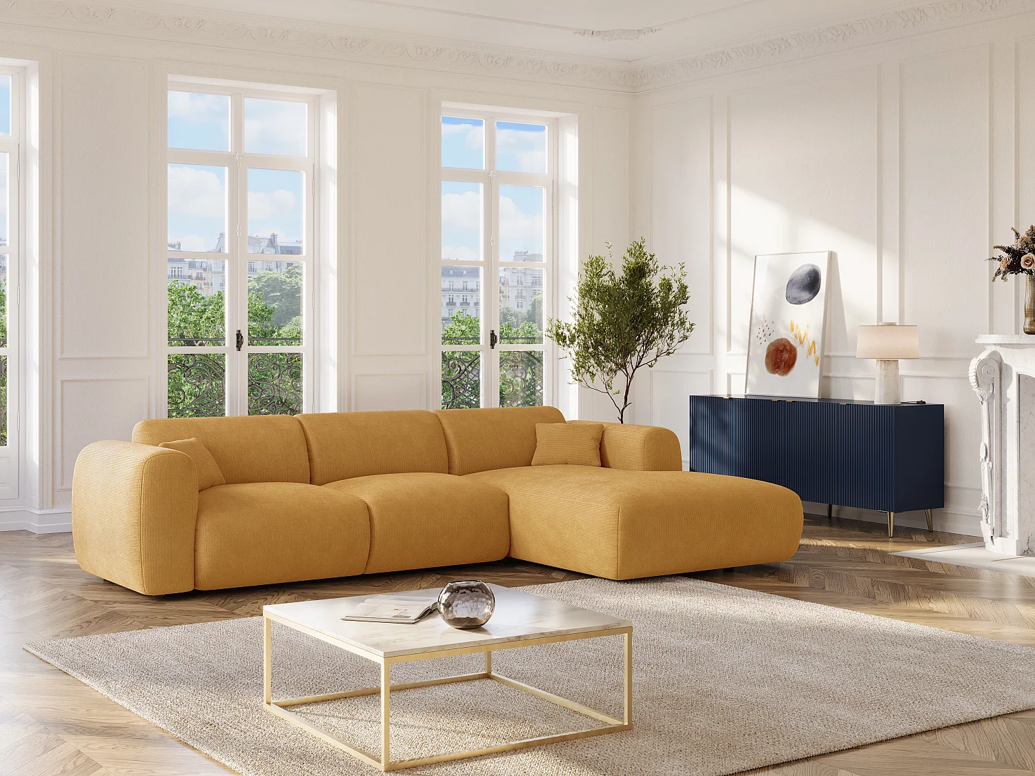 Stor højresidet hjørnesofa i finstribbet, finkostbart rib, sennepsgul POGNI højre hjørnesofa