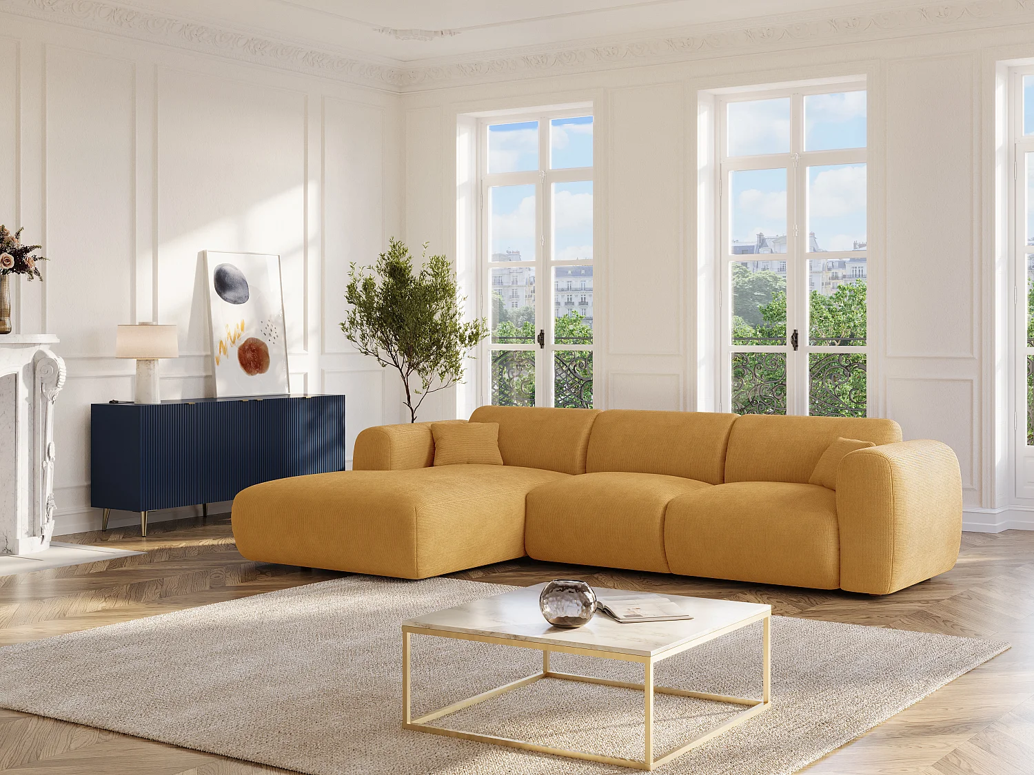 Großes Ecksofa - Ecke links - Samt-Stoff - Senfgelb - POGNI von Maison Céphy