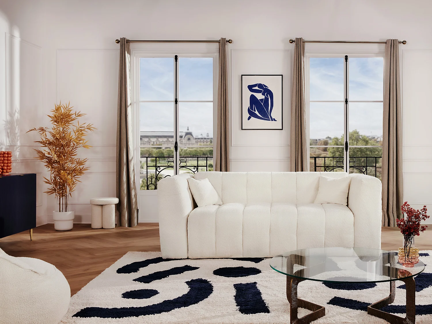 Canapé 4 places convertible express en tissu bouclette blanc cassé - Couchage 160 cm - Matelas 13 cm DILOME