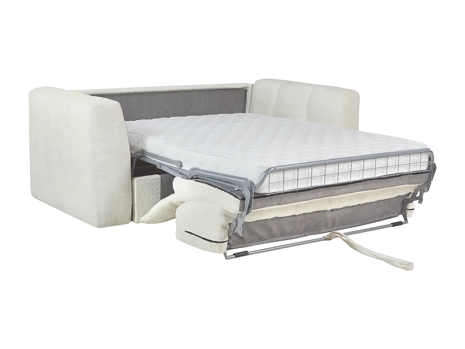 Canapé 4 places convertible express en tissu bouclette blanc cassé - Couchage 160 cm - Matelas 13 cm DILOME