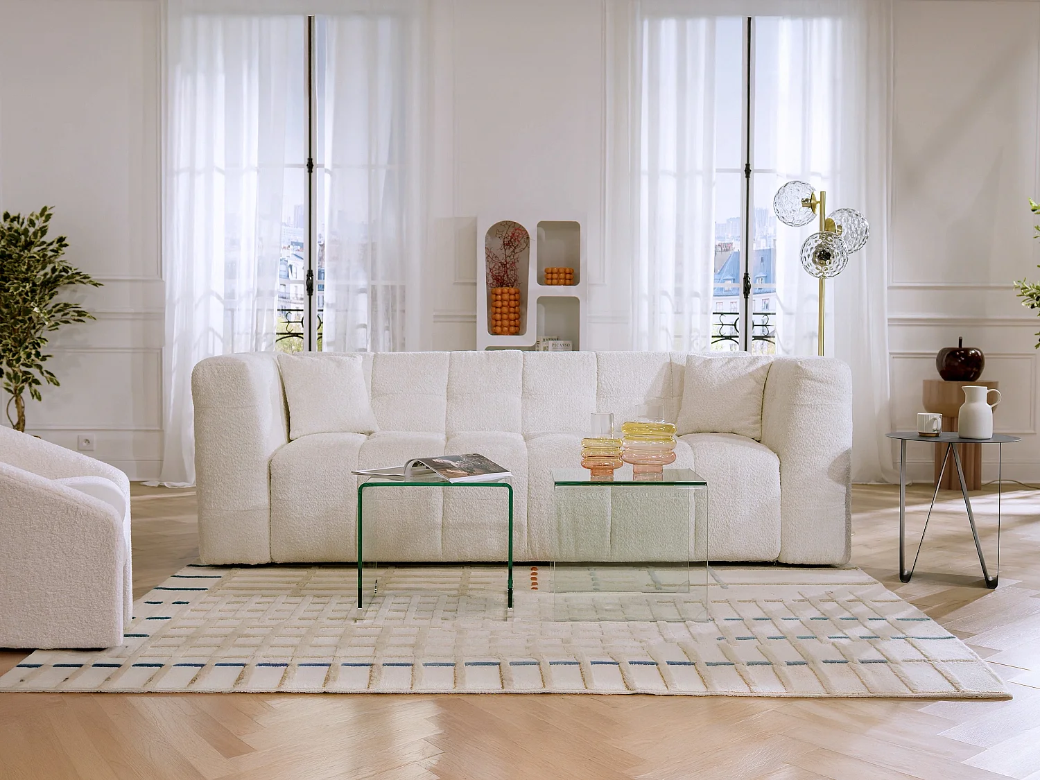 Canapé 3 places convertible express en tissu bouclette blanc cassé - Couchage 140 cm - Matelas 16 cm DILOME