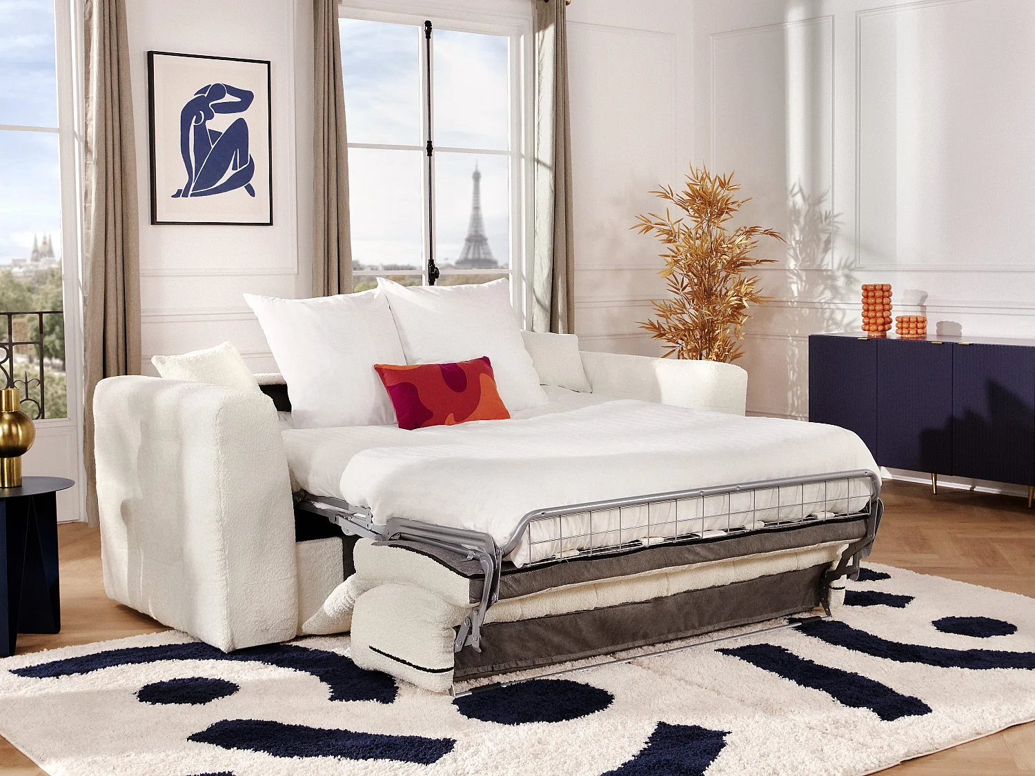 Canapé 3 places convertible express en tissu bouclette blanc cassé - Couchage 140 cm - Matelas 16 cm DILOME