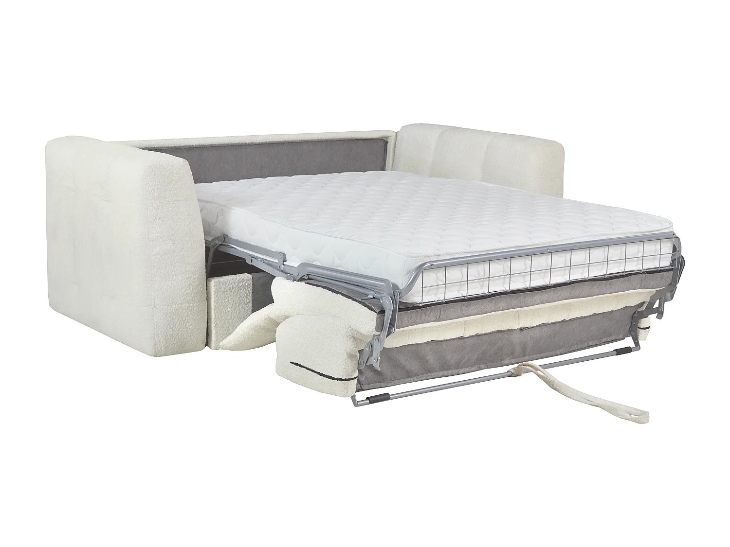 Canapé 3 places convertible express en tissu bouclette blanc cassé - Couchage 140 cm - Matelas 16 cm DILOME