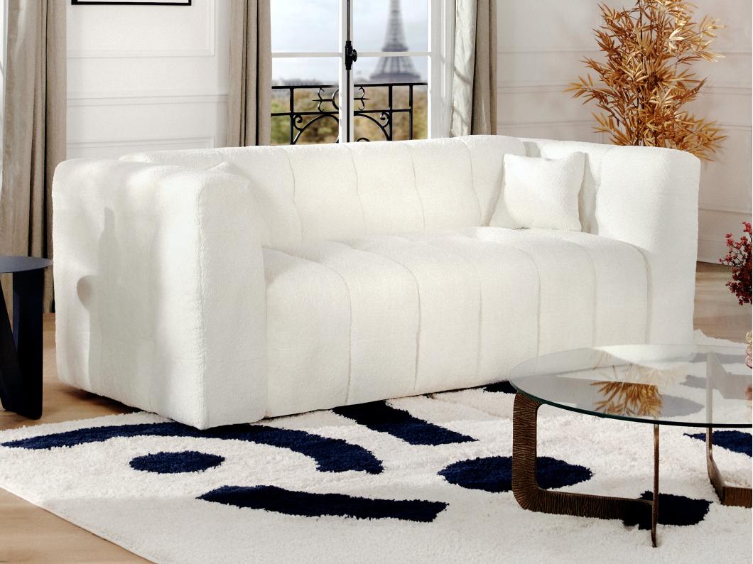 Canapé 3 places convertible express en tissu bouclette blanc cassé - Couchage 140 cm - Matelas 16 cm DILOME
