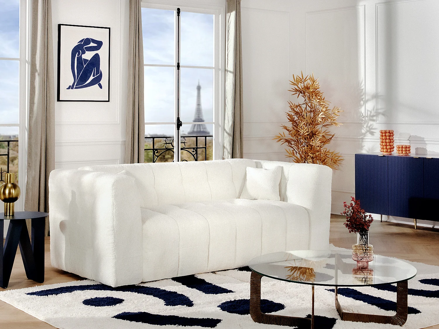 Sofá cama de 4 plazas de apertura rápida de tela rizada beige - Cama de 160 cm - Colchón de 16 cm DILOME