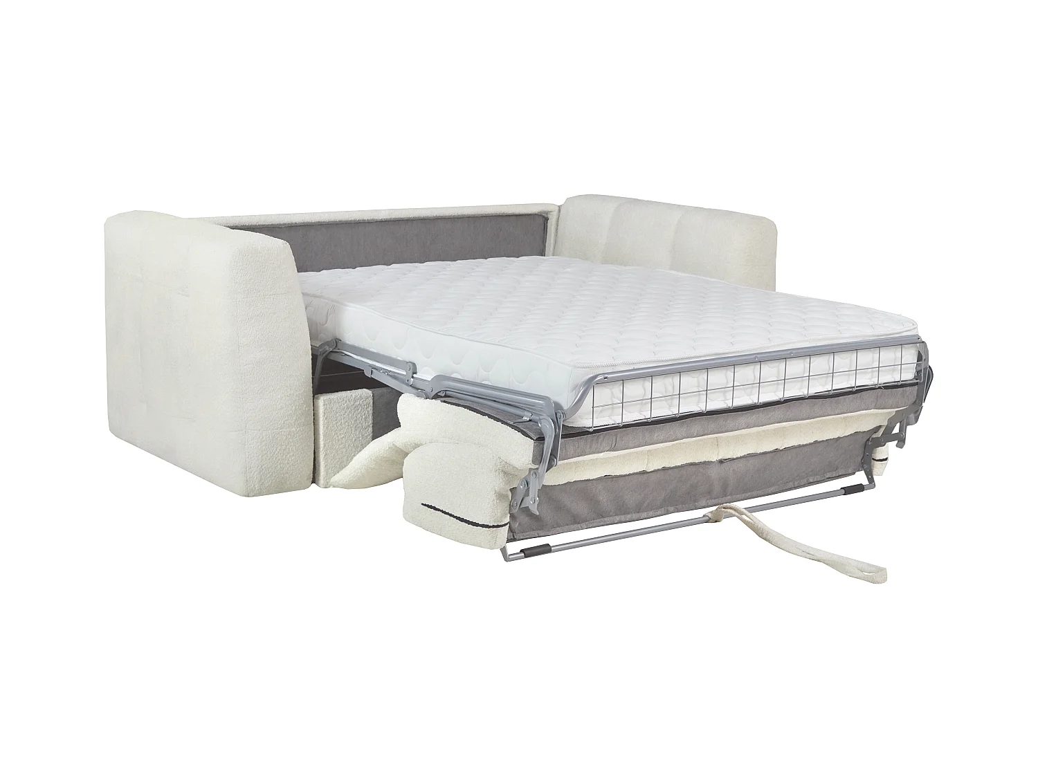 Canapé 4 places convertible express en tissu bouclette blanc cassé - Couchage 160 cm - Matelas 16 cm DILOME