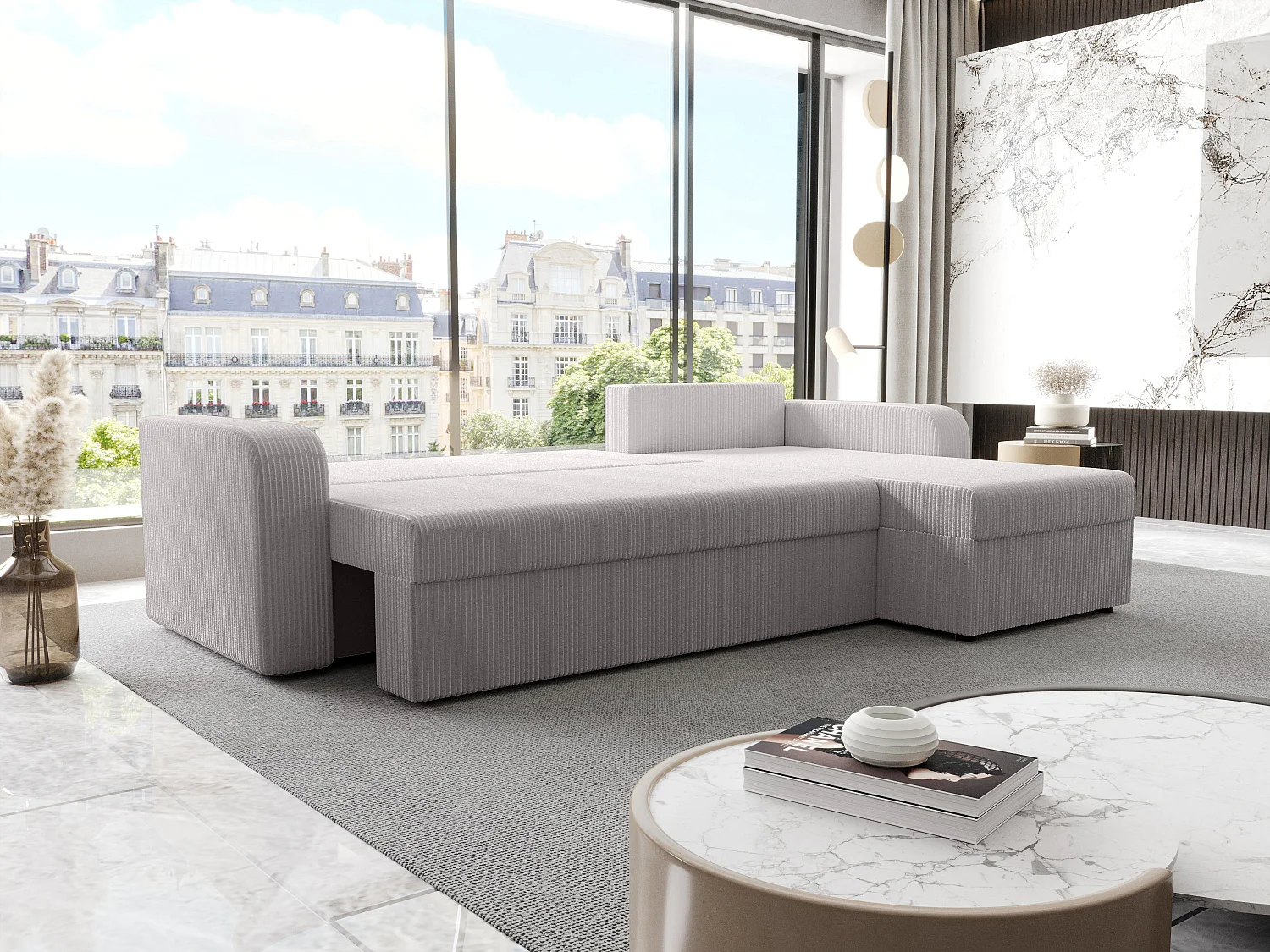 Canapé d'angle convertible et réversible en velours côtelé gris clair ONABIA