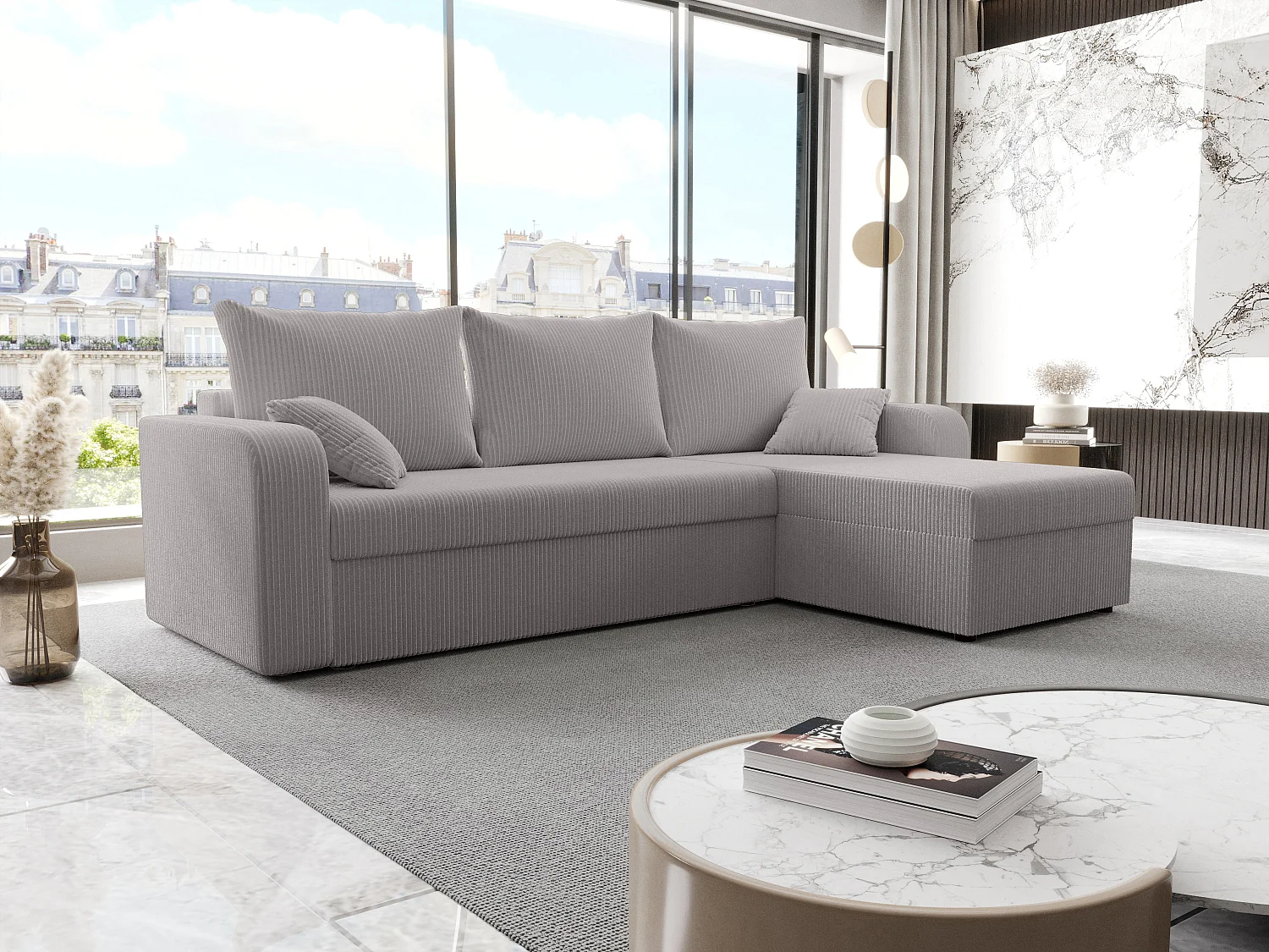 Canapé d'angle convertible et réversible en velours côtelé gris clair ONABIA