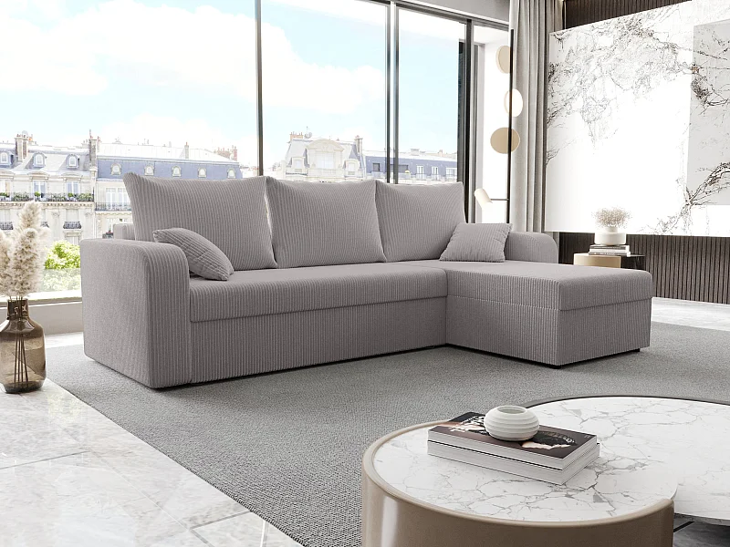 Canapé d'angle convertible et réversible en velours côtelé gris clair ONABIA