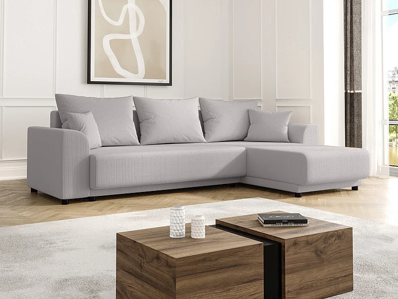 Canapé d'angle convertible et réversible en velours côtelé gris clair NESSARO