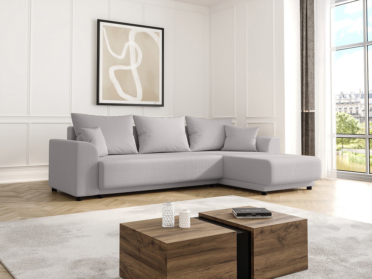 Ecksofa mit Schlaffunktion - Ecke wechselbar - Cord - Hellgrau - NESSARO günstig online kaufen