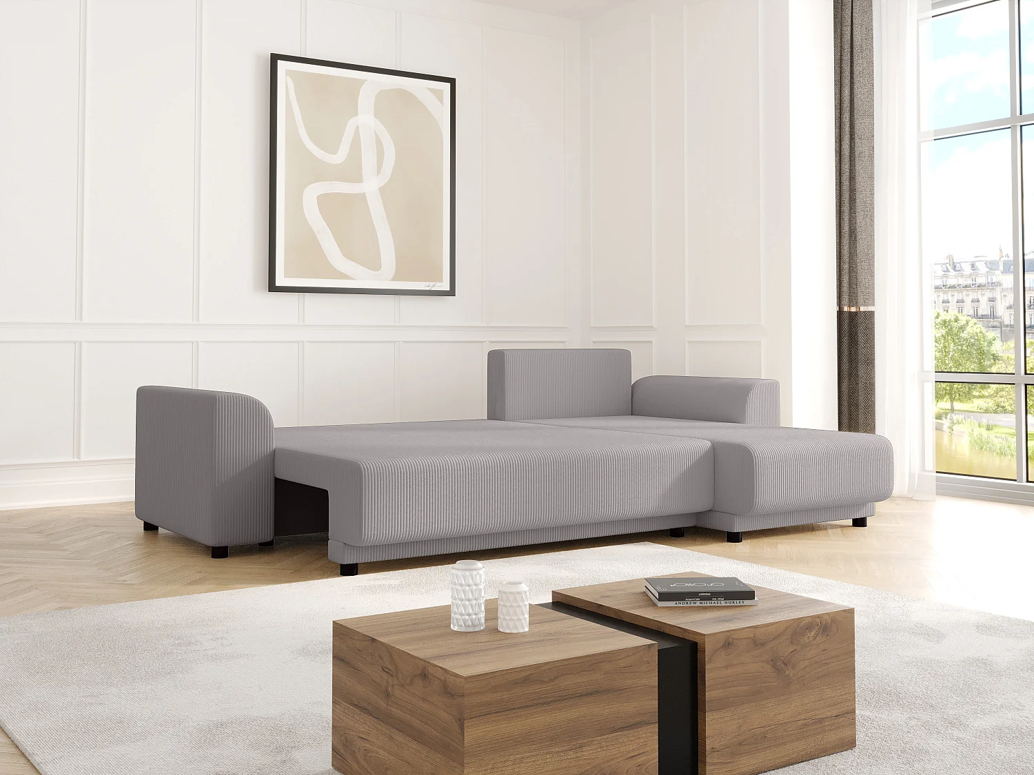 Ecksofa mit Schlaffunktion - Ecke wechselbar - Cord - Hellgrau - NESSARO