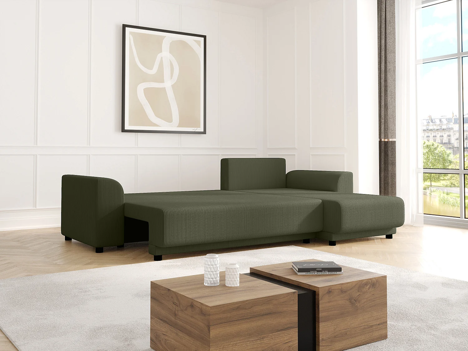 Ecksofa mit Schlaffunktion - Ecke wechselbar - Cord - Khaki - NESSARO