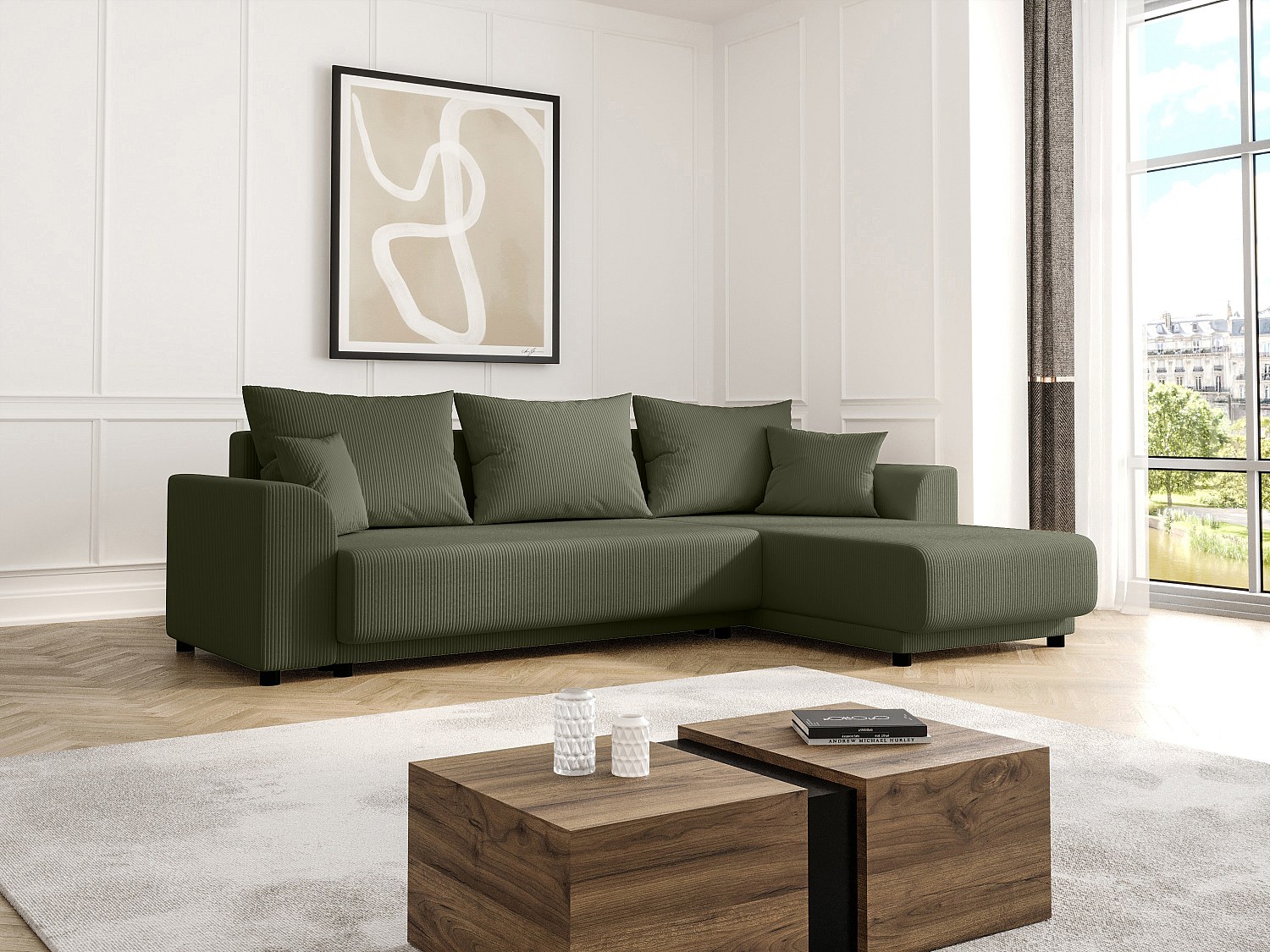 Ecksofa mit Schlaffunktion - Ecke wechselbar - Cord - Khaki - NESSARO günstig online kaufen