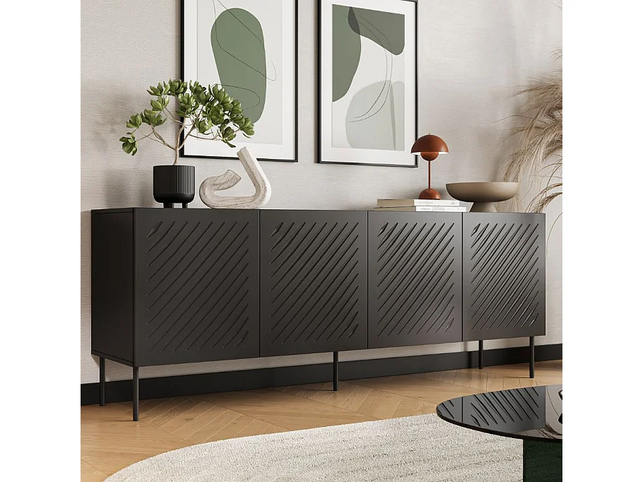 Credenza a 4 ante nera con motivo a rilievo 200 cm Abys
