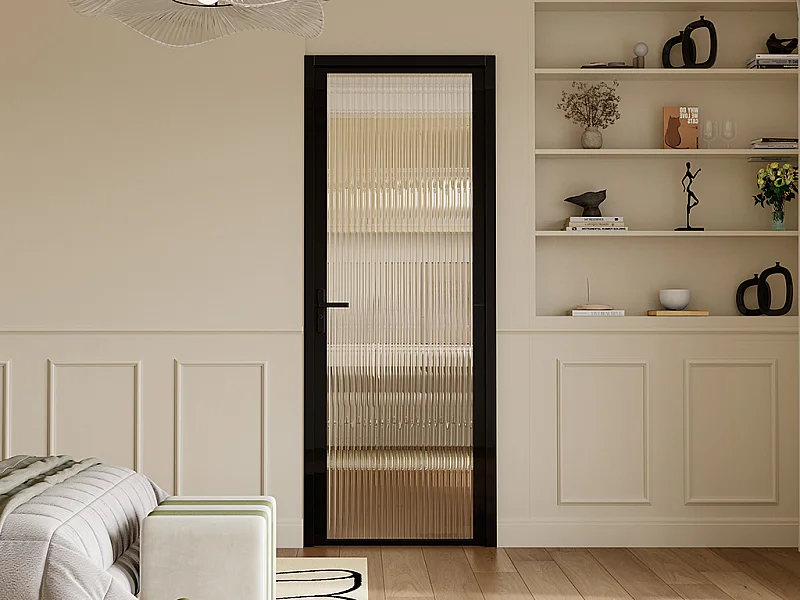 Bloc porte réversible en aluminium et verre trempé texturé - H204 x L73 cm - Noir - LOXTON