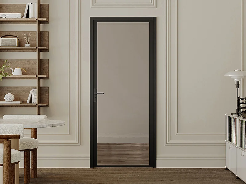 Bloc porte réversible en aluminium et verre trempé fumé - H204 x L73 cm - Noir - LOXTON
