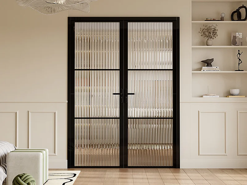 Tür-Set - zwei Flügel - wendbar - Aluminium & Glas strukturiert - 2 x 204 x 73 cm - Schwarz - MASERU