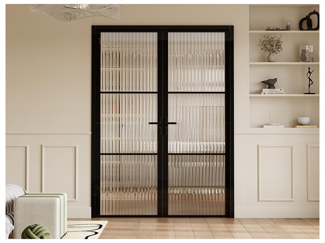 Omkeerbare dubbele deur van aluminium en glas met textuur - 2 x H204 x B73 cm - Zwart - MASERU