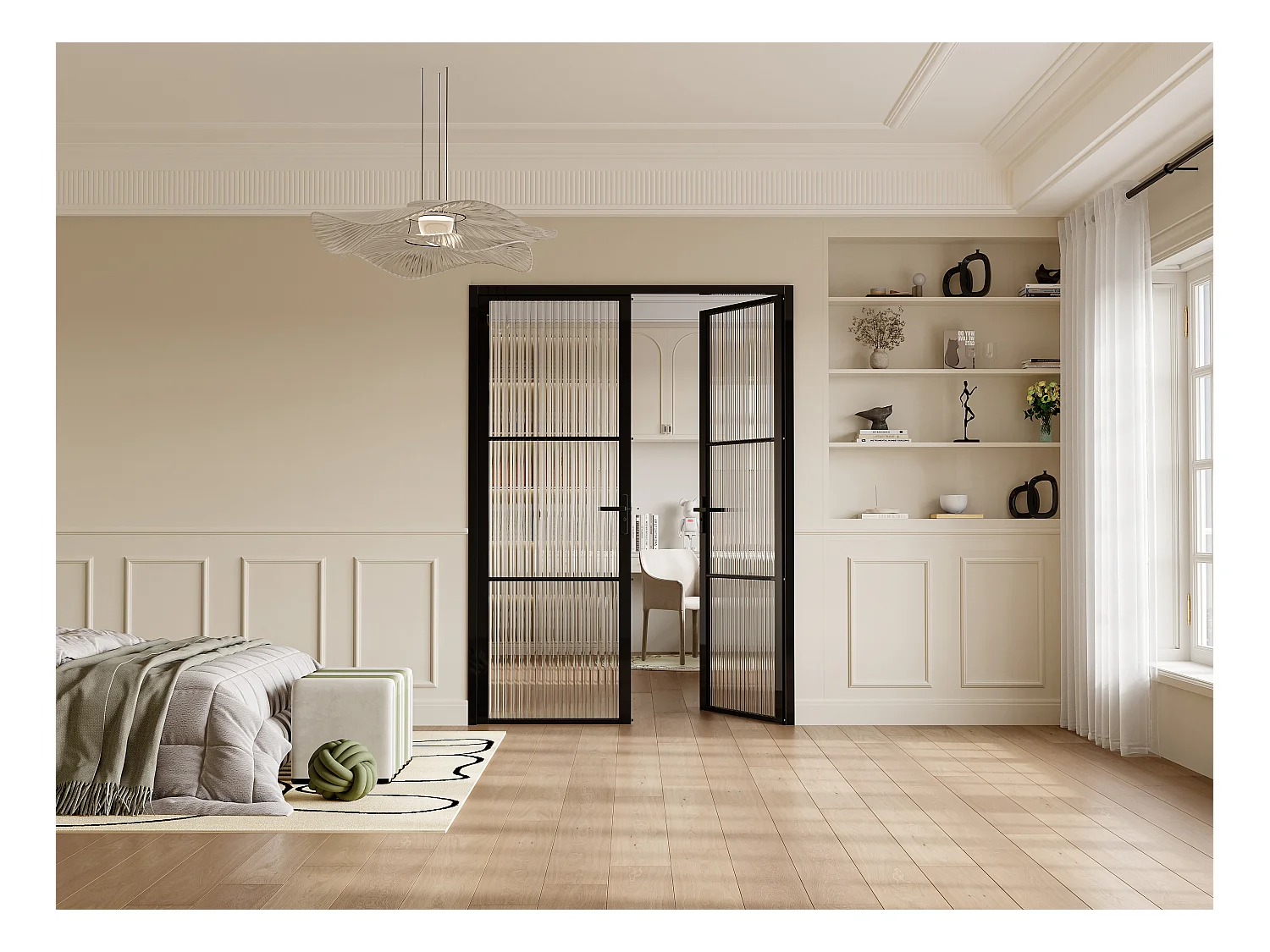 Tür-Set - zwei Flügel - wendbar - Aluminium & Glas strukturiert - 2 x 204 x 93 cm - Schwarz - MASERU