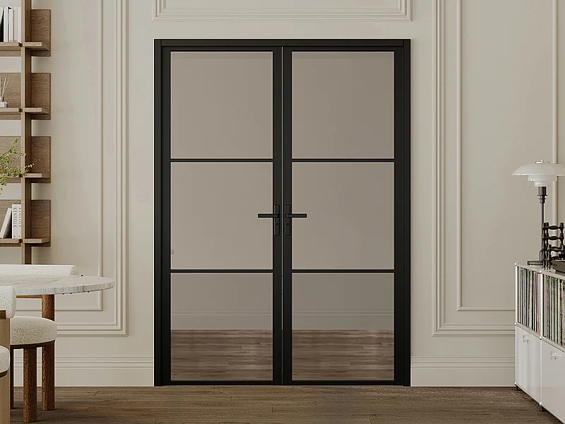 Blocco porta reversibile a due battenti 2 x H204 x L73 cm in Alluminio e Vetro fumé Nero - MASERU