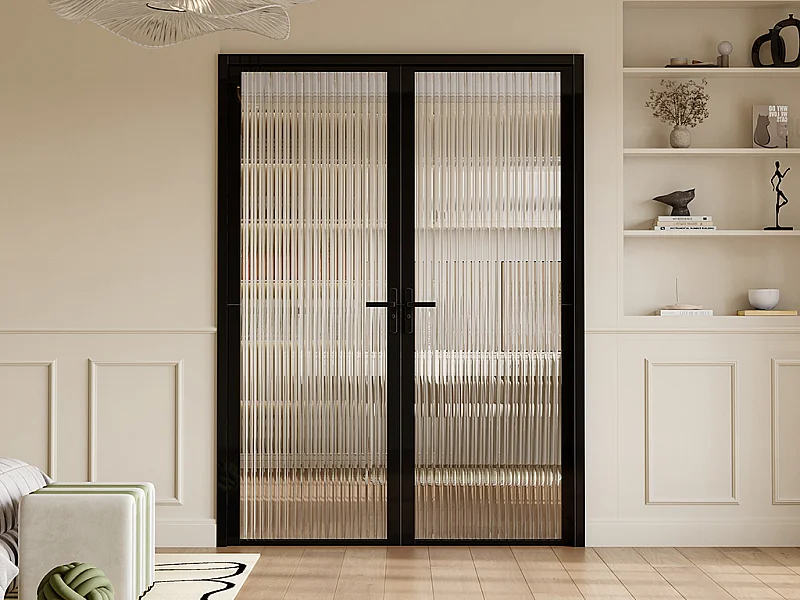 Tür-Set - zwei Flügel - wendbar - Aluminium & strukturiertes Sicherheitsglas - 2 x 204 x 83 cm - Schwarz - LOXTON