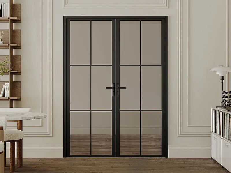 Porta de interior reversível com dois batentes em alumínio e vidro temperado fumado 2xA204xC73 cm preto - SEROTO