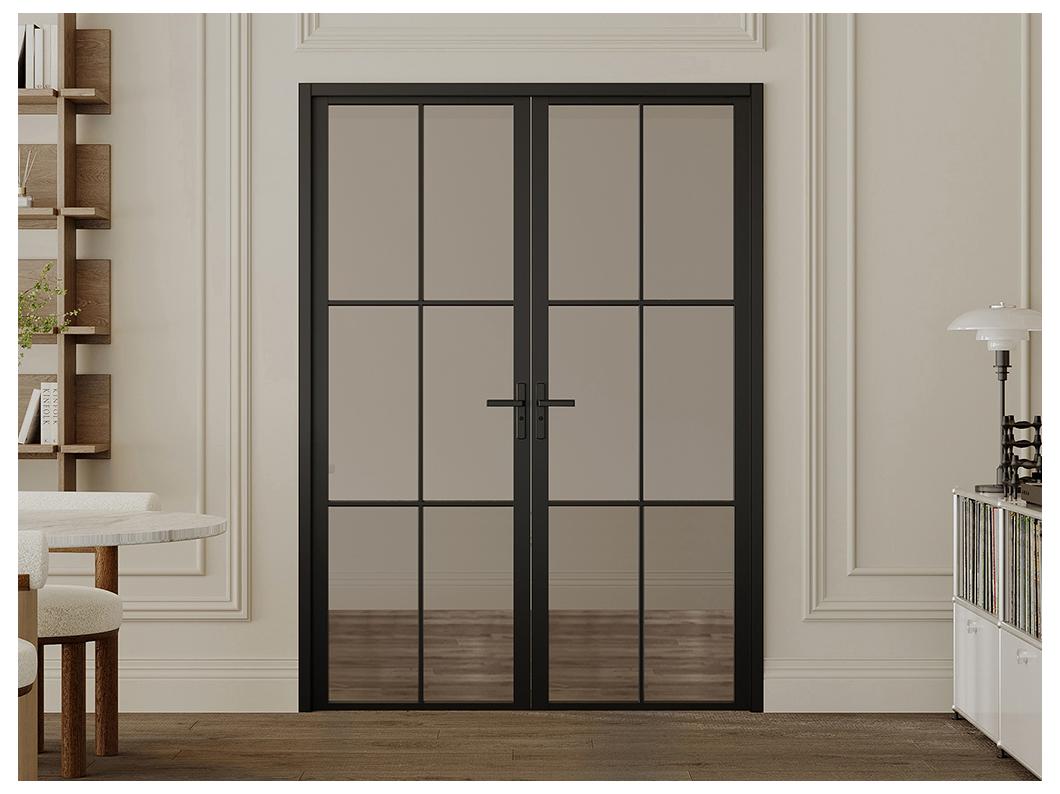 Porta de interior reversível com dois batentes em alumínio e vidro temperado fumado 2xA204xC93 cm preto - SEROTO