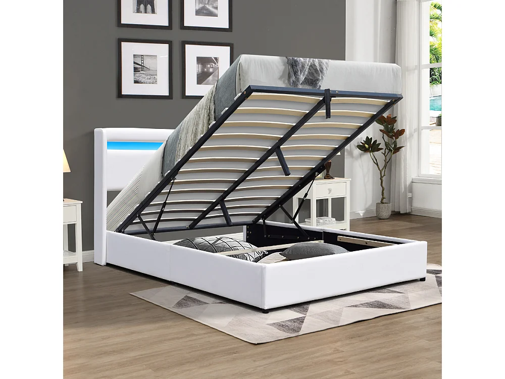 Lit coffre de rangement 140x190 cm avec tête de lit LED - 12 lattes - Clementine - Montage rapide et facile - Revêtement PVC simili facile d'entretien