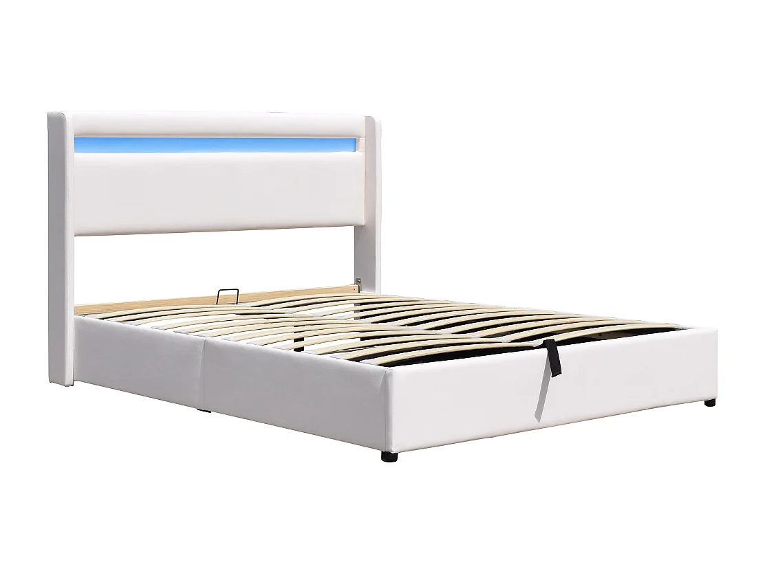 Lit coffre de rangement 140x190 cm avec tête de lit LED - 12 lattes - Clementine - Montage rapide et facile - Revêtement PVC simili facile d'entretien