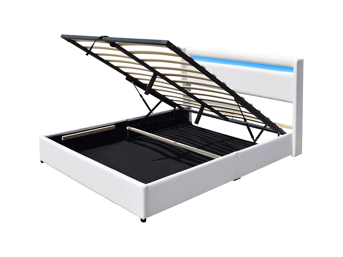 Lit coffre de rangement 140x190 cm avec tête de lit LED - 12 lattes - Clementine - Montage rapide et facile - Revêtement PVC simili facile d'entretien