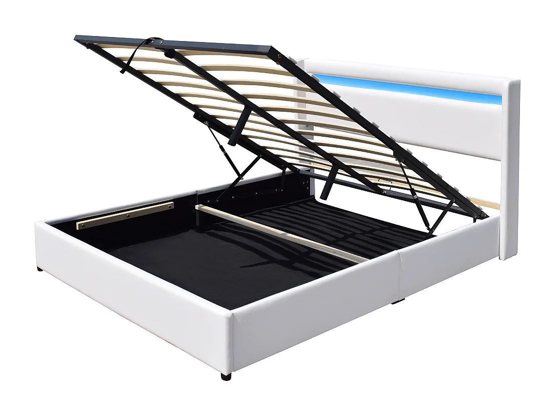 Lit coffre de rangement 140x190 cm avec tête de lit LED - 12 lattes - Clementine - Montage rapide et facile - Revêtement PVC simili facile d'entretien