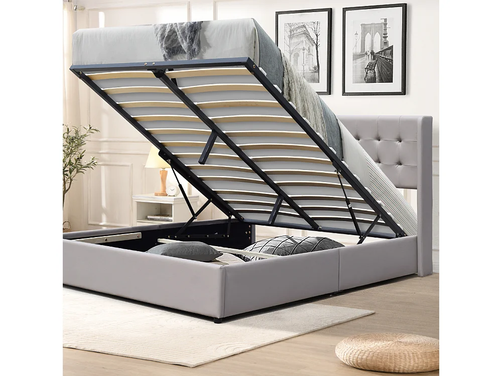 Lit coffre dehoussable 140x190 cm avec tête de lit capitonnée - 12 lattes - Montage rapide - revêtement PVC facile d'entretien